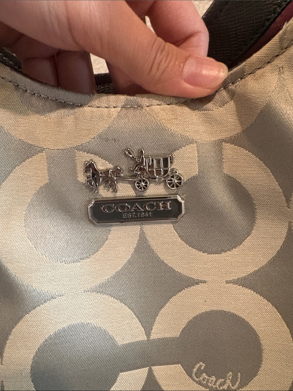 Coach Madison Maggie Shoulder Bag features a beige and silver signature - Picture 2 of 16
